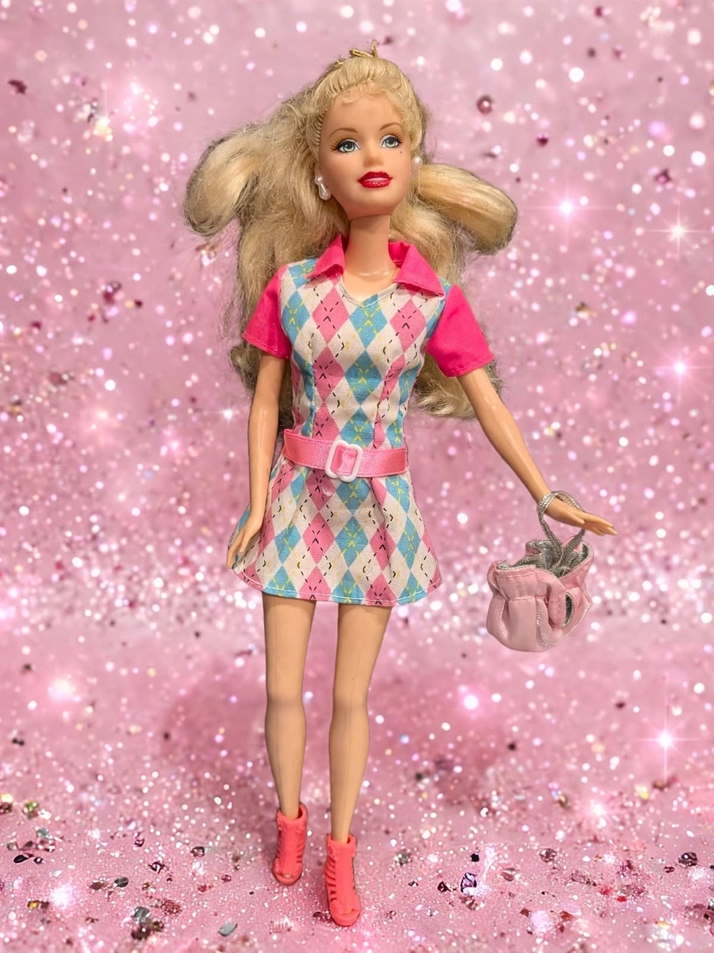Barbie Pink Argyle Polo Dress with Belt and Matching Bag